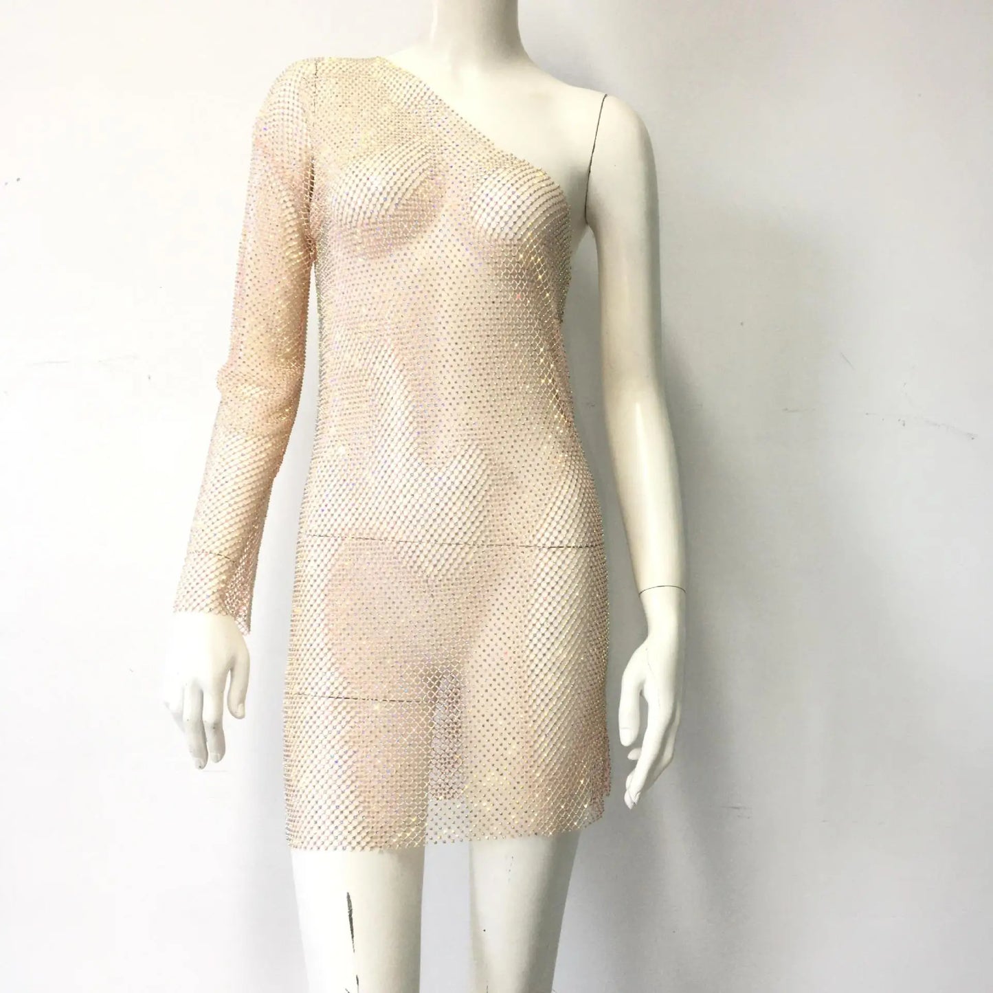 2024 New Women Shiny Diamonds Mini Dress Sexy See Through Hollow Out One Shoulder Backless Dress Nightclub Party Evening Dresses