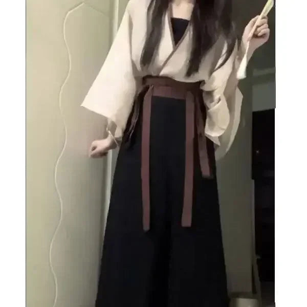 2023 Summer Improved Cotton Linen Hanfu Dress 3pcs Chinese Traditional Women's Clothing Japanese Lace Up Kimono Cosplay Heroine
