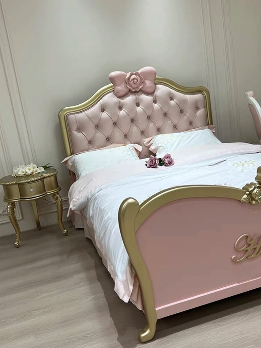 Green pure solid wood cartoon Hello KT children's bed Girl Princess bed Leather soft bag bed Dream pink single bed