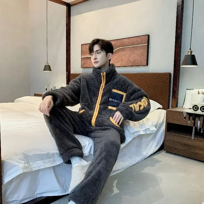 2024 New Flannel Pajamas Men Autumn Winter Zipper Sleepwear Warm Winter Plus Velvet Loungwear Padded Coral Velvet Homewear Suit