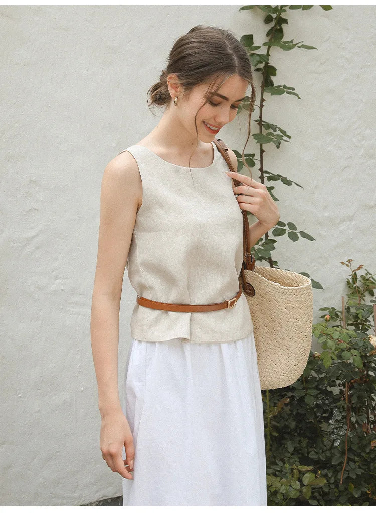 100% Linen Top Women Casual Solid Back Cross Patchwork Tank Top Summer Tops Haut Femme Women'S Clothing Offer Free Shipping