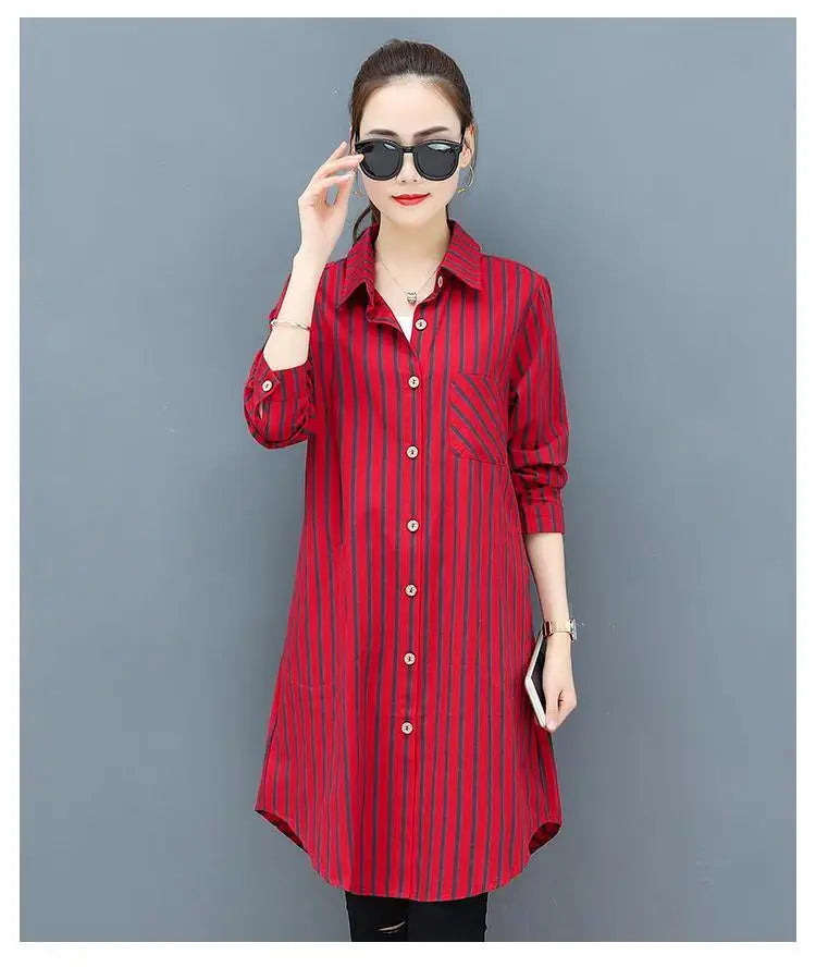 Casual Korean Midi Striped Print Shirt for Female Turn-down Collar Single-breasted Fashion Long Sleeve Blouse Women's Clothing