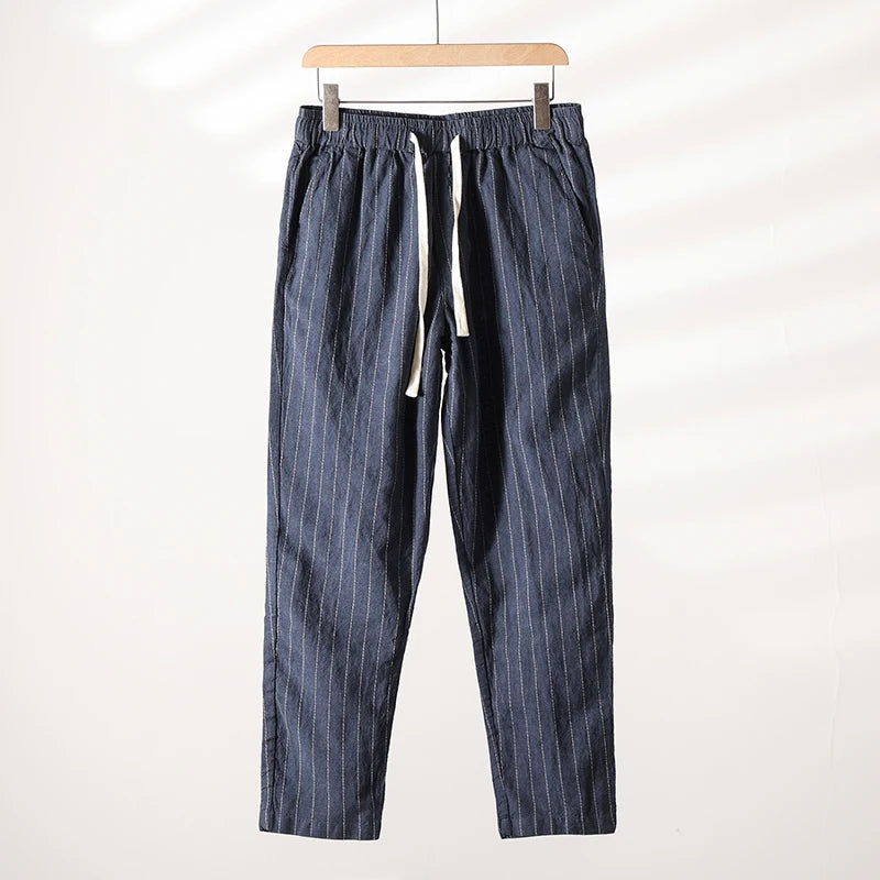 Cotton and Linen Comfortable Men's Fashion Trend Summer Pure Straight Stripe Thin Breathable Solid Color Loose Casual Pants