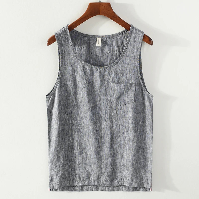 100% Linen Sleeveless Tank Top for Men Summer Solid Breathable Vest Tees Casual Man Vests