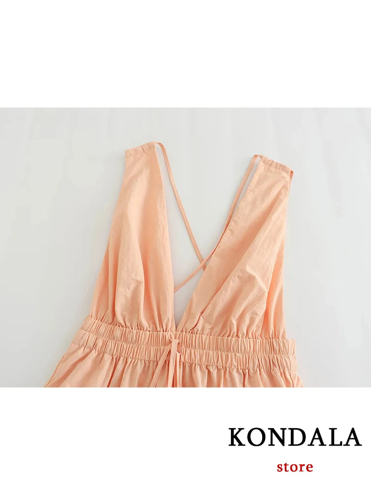 KONDALA Sexy Deep V Neck Loose Long Dress Women Sleeveless Backless Elastic Nylon Dress Fashion 2023 Summer Holiday Dress