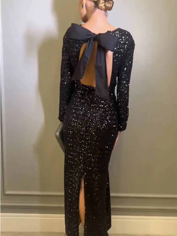 JULISSA MO Elegant Women's Party Clubwear Evening Dresses Bow Backless Long Sleeve Glitter Sequins Long Dress 2024 Women New