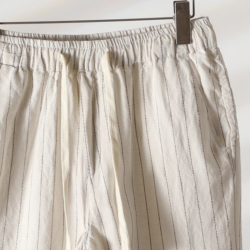 Cotton and Linen Comfortable Men's Fashion Trend Summer Pure Straight Stripe Thin Breathable Solid Color Loose Casual Pants