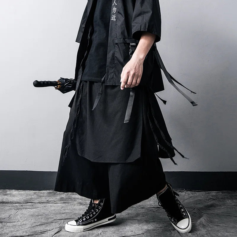 Japanese Traditional Black Kimono Cardigan Diablo Samurai Ninja Cosplay Suit Chinese Hanfu Style Coat Streetwear Top and pants