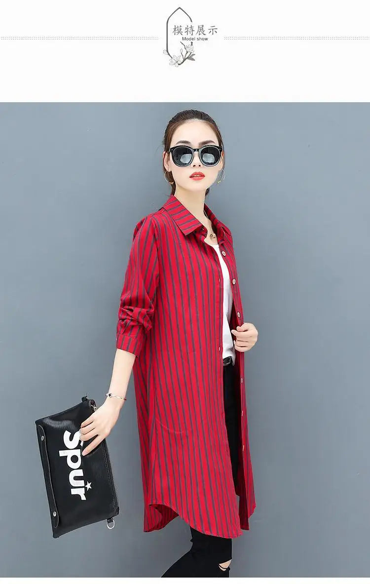 Casual Korean Midi Striped Print Shirt for Female Turn-down Collar Single-breasted Fashion Long Sleeve Blouse Women's Clothing