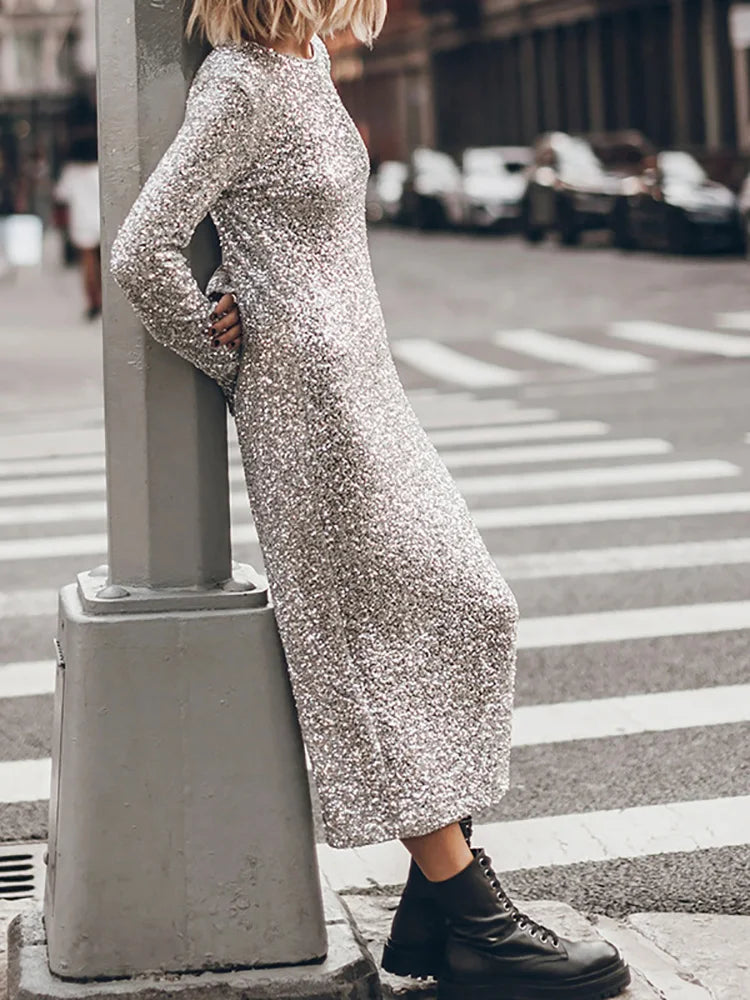 Long Sleeve Spring Autumn Simple Maxi Dress, Women Holiday O Neck Casual Fashion Party Dress, New Sequins Patchwork Ladies Dress