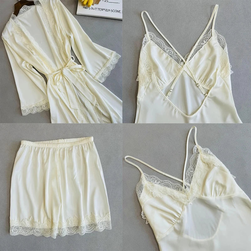 Wedding Bridesmaid Team Pajamas Set Lace Patchwork Home Clothes Ice Silk Pyjamas Suit Women Sleepwear Sexy Cami Top&pants