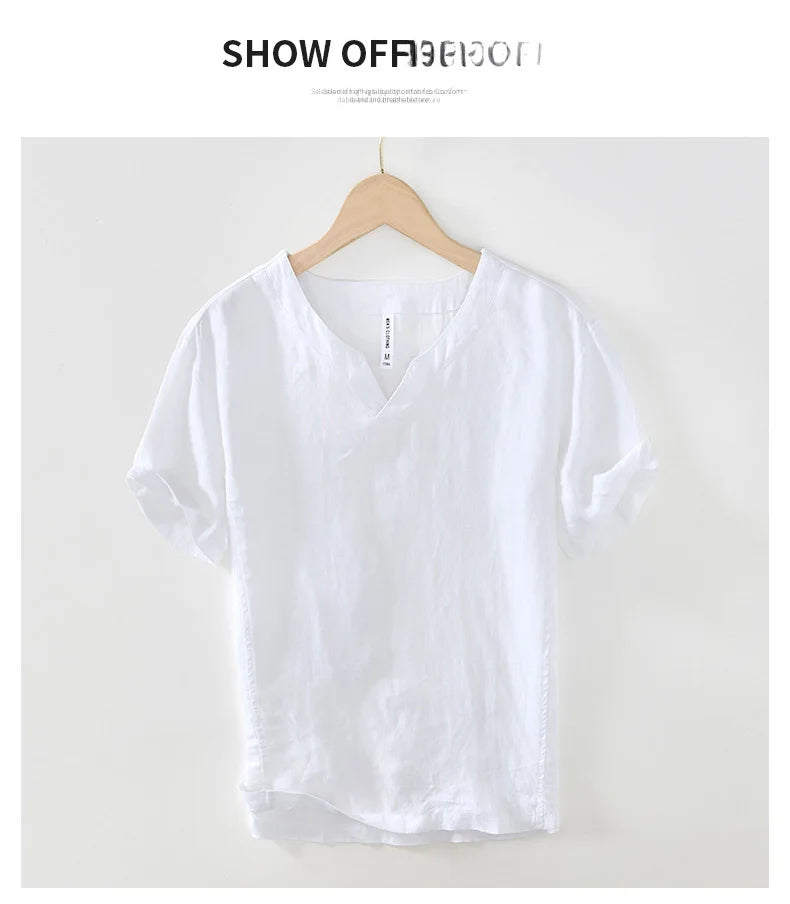 Summer New 100% Linen Short Sleeve T Shirt for Men Casual Thin Solid Color Slim Men Clothing BL998
