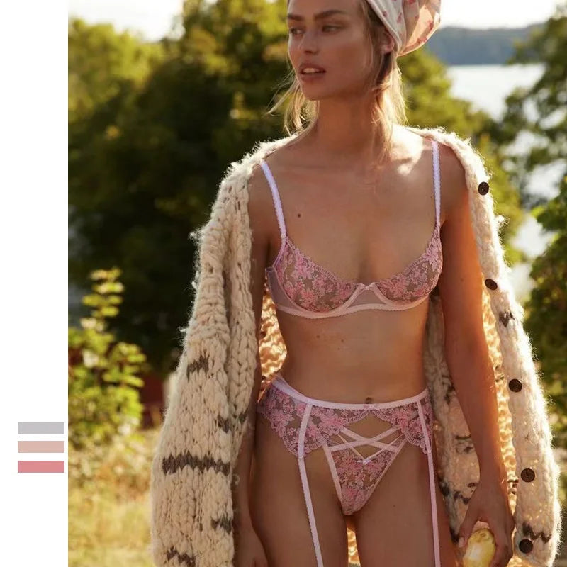 Pink girly lace embroidered bra with underpants summer sexy ultra-thin underwire lingerie underwear set
