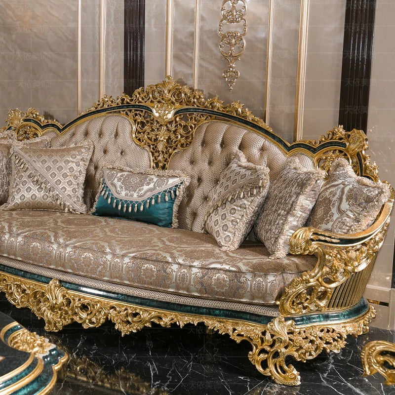 European-style palace sofa solid wood gold foil luxury sofa large villa living room sofa coffee table combination high-end