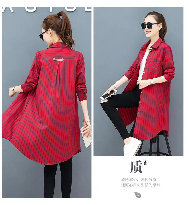 Casual Korean Midi Striped Print Shirt for Female Turn-down Collar Single-breasted Fashion Long Sleeve Blouse Women's Clothing