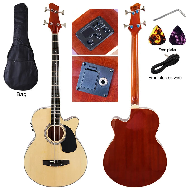 Acoustic Electric Bass Guitar 4 String High Gloss Acoustic Bass 43 Inch Natural Color Black Color Cutaway Bass Guitar with EQ