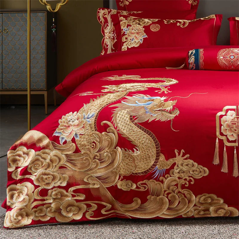 Luxury Gold/Red Loong Phoenix Embroidery Chinese Wedding Tassels Egyptian Cotton Bedding Set Duvet Cover Bed Sheet Pillowcases
