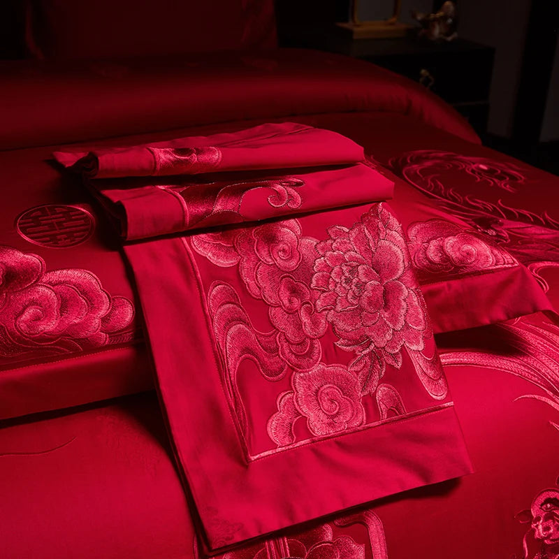 Luxury Gold/Red Loong Phoenix Embroidery Chinese Wedding Tassels Egyptian Cotton Bedding Set Duvet Cover Bed Sheet Pillowcases