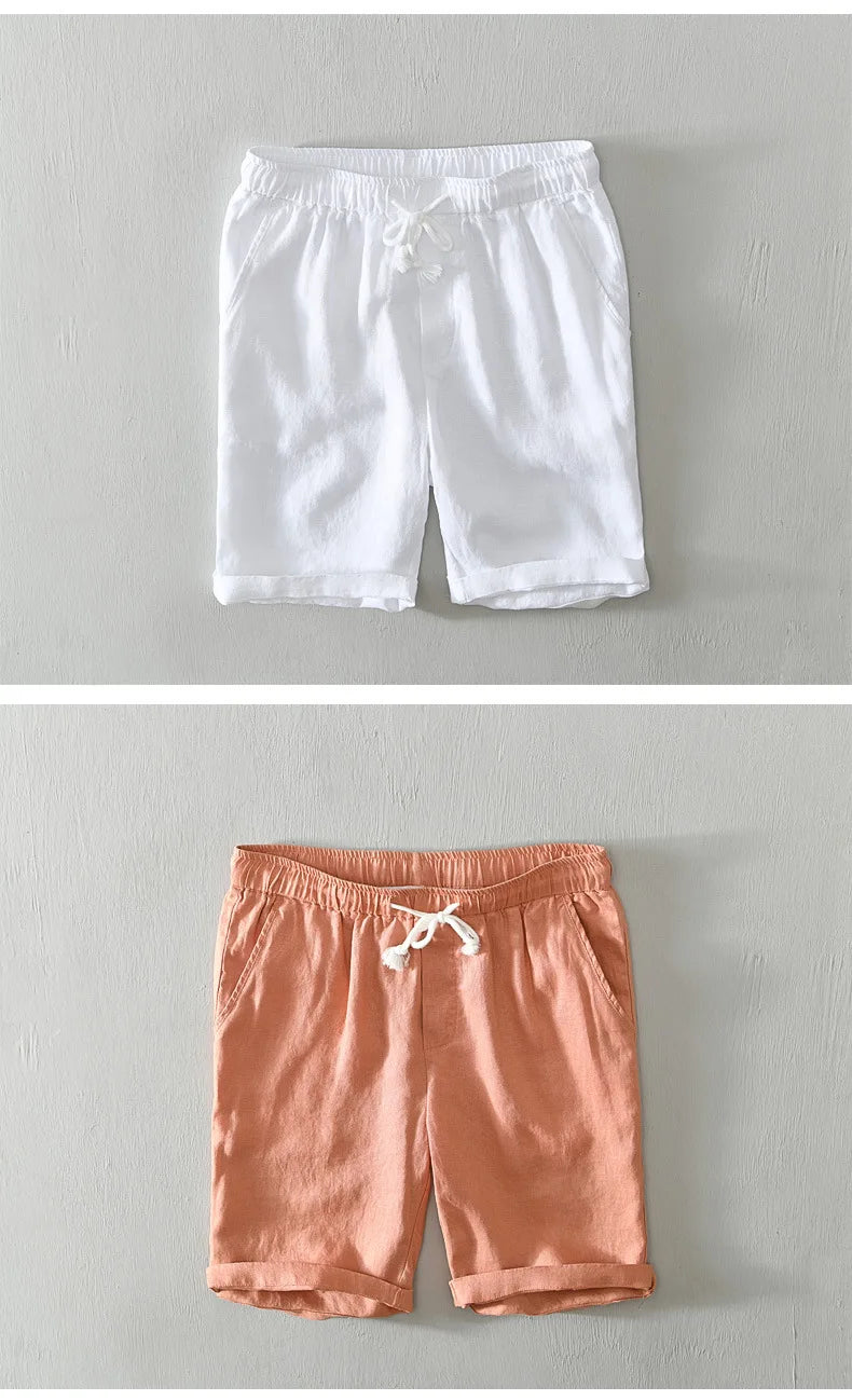 Summer New Simple 100% Linen Shorts for Men Clothing Solid Color Streetwear Men Pants B8103