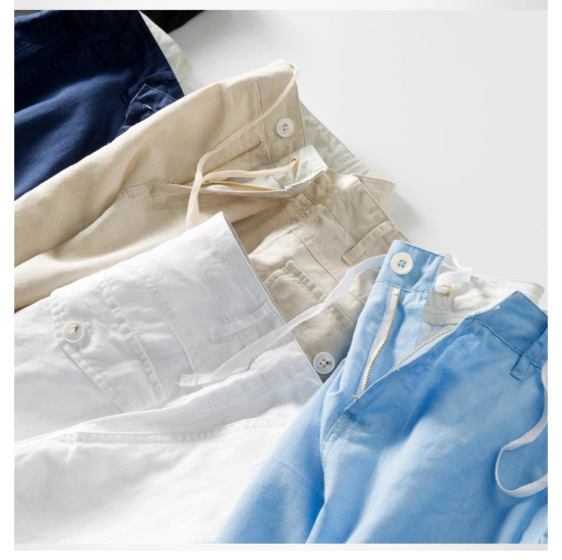 Summer Fashion Men Cotton Linen Shorts Beach Holiday Solid Color Fresh China Style Thin Casual Loose Half Length Straight Pants