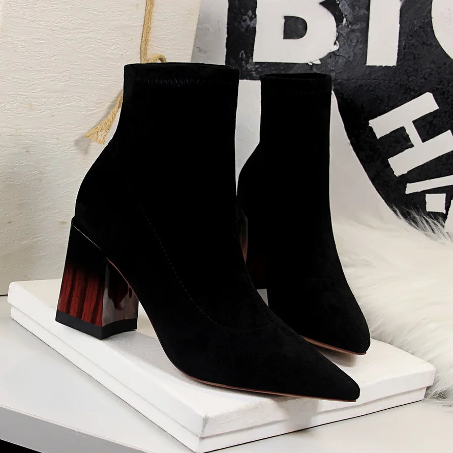 Woman Ankle Length Flock Boots Women Fashion Pointed Toe High Heel Shoes Winter Ankle Boots Ladies Shoes 1718-2