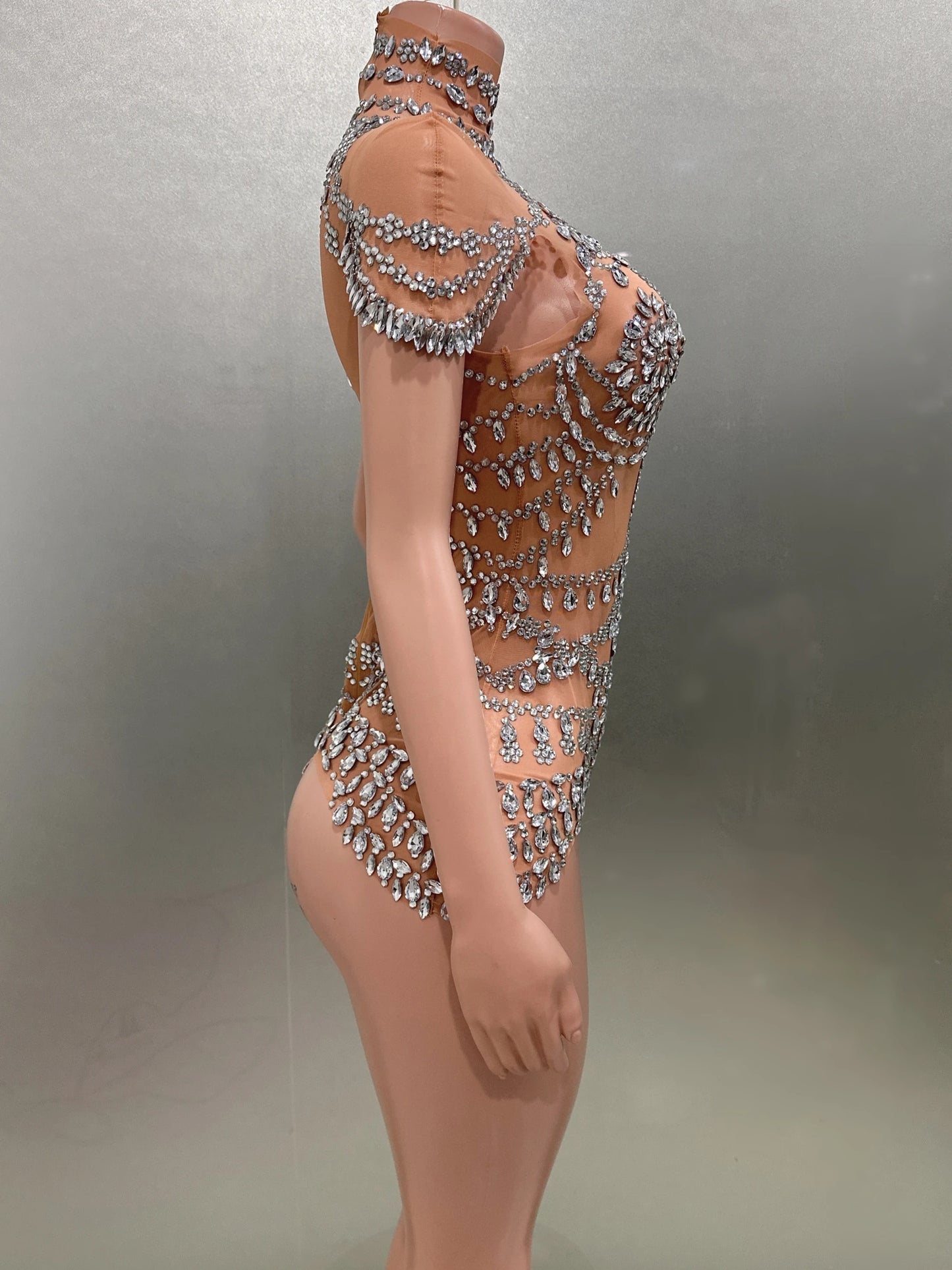 Luxury Rhinestones Sexy See-Through Sheath Bodysuit Evening Party Performance Costume Bar Nightclub Singer Dancer Stage Wear