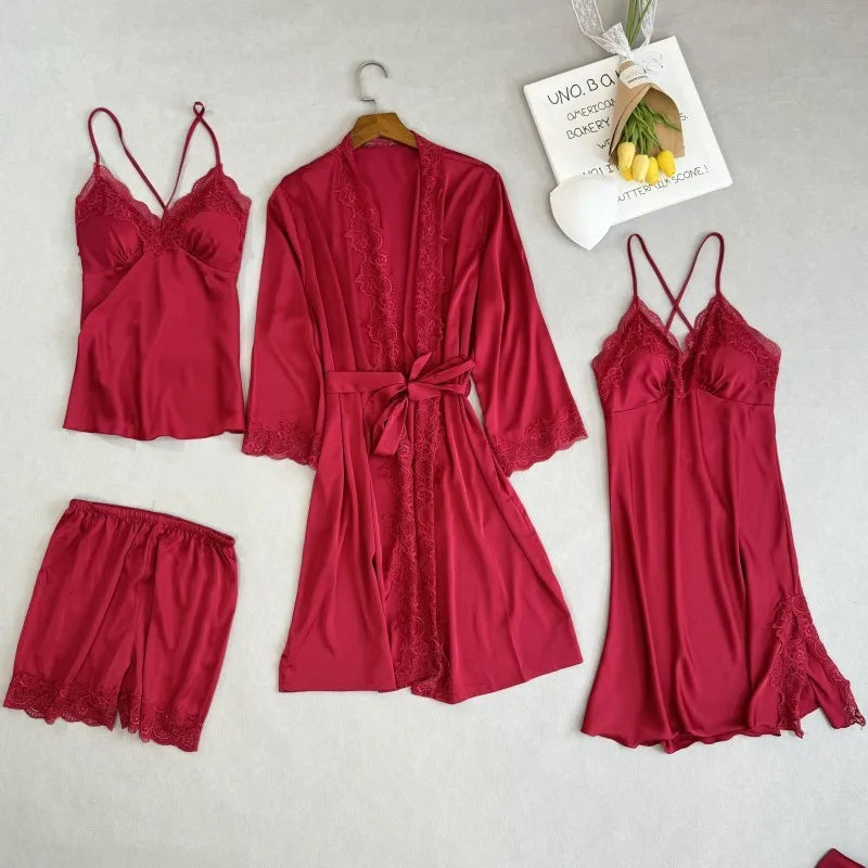 Wedding Bridesmaid Team Pajamas Set Lace Patchwork Home Clothes Ice Silk Pyjamas Suit Women Sleepwear Sexy Cami Top&pants