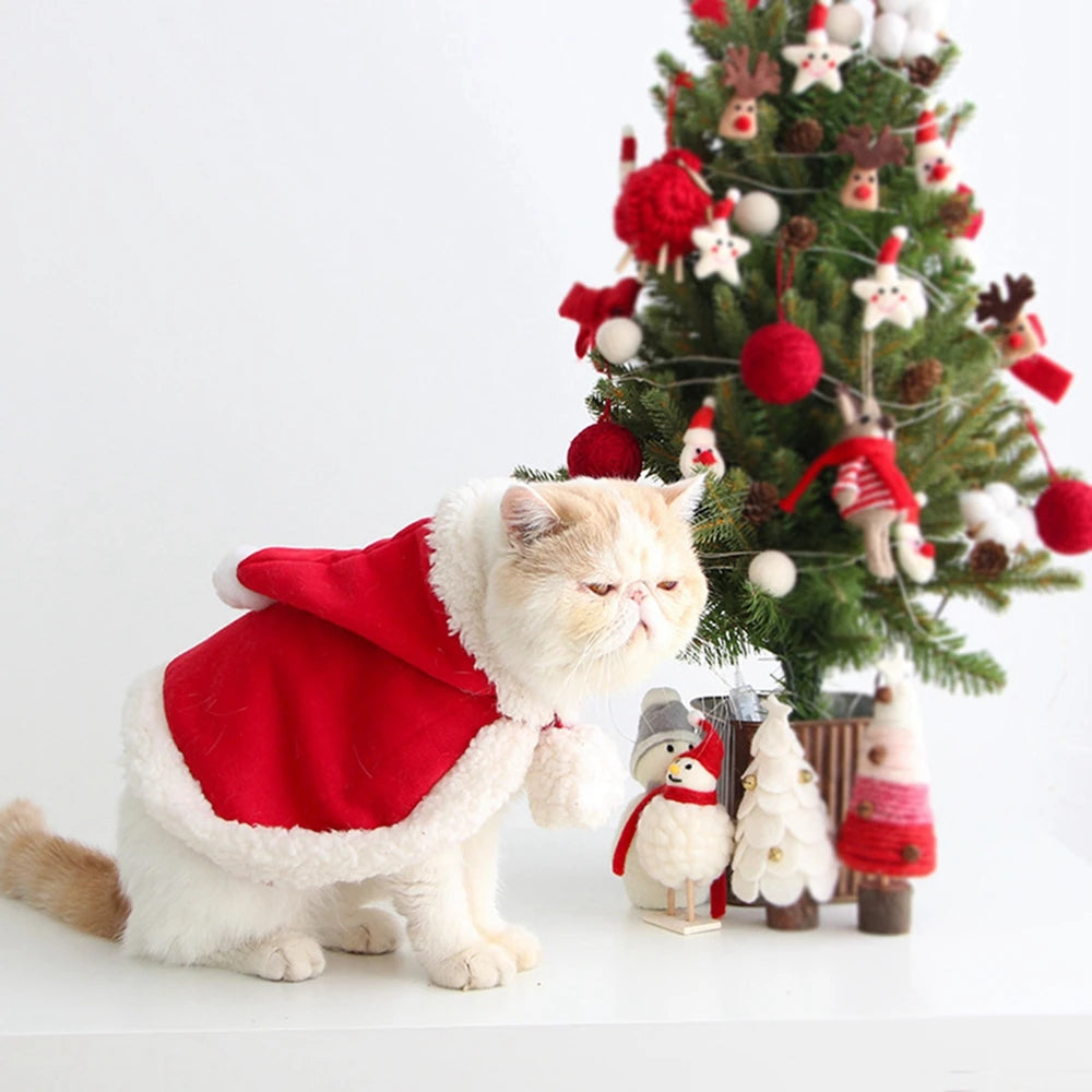 Winter Cat Costume Santa Cosplay Funny Transformed Cat Dog Pet Christmas Cape Dress Up Clothes Red Scarf Cloak Props Decoration