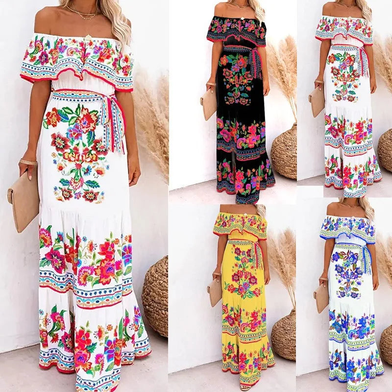 Mexican Traditional Ethnic Mexican Cinco De Mayo Summer Floral Print Off Shoulder Women Mexican Dress