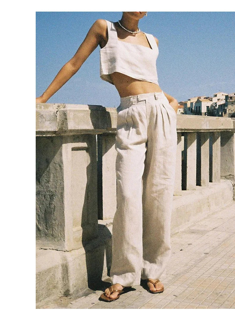 100% Linen White Crop Top 2024 Summer Vintage Square Collar Sleeveless Streetwear Green Top Fashion Clothing