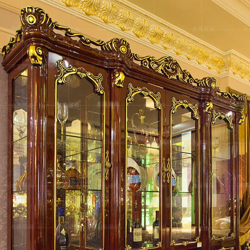 Wine Cabinet Solid Wood Carved Gold Painting Home Living Room Wall Wine Cabinet Sideboard Cabinet High-End American Wine