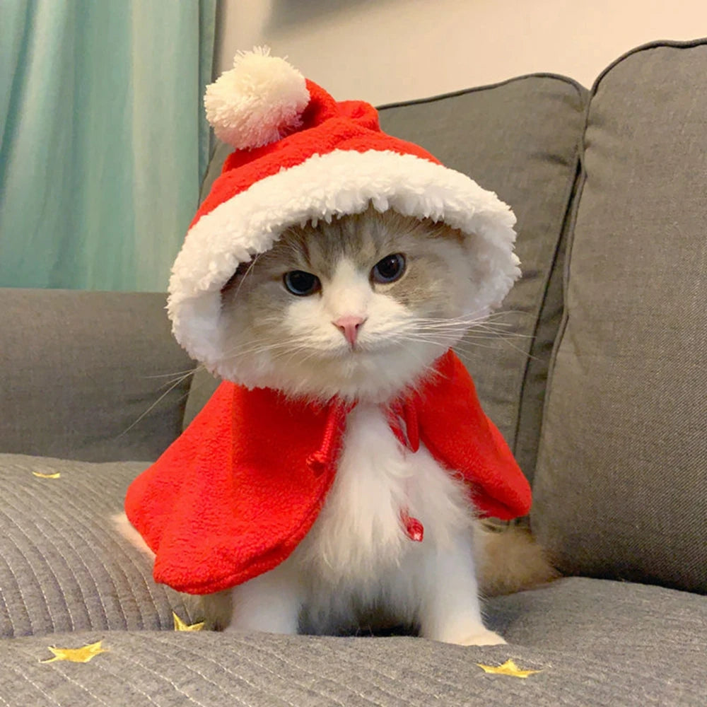 Winter Cat Costume Santa Cosplay Funny Transformed Cat Dog Pet Christmas Cape Dress Up Clothes Red Scarf Cloak Props Decoration