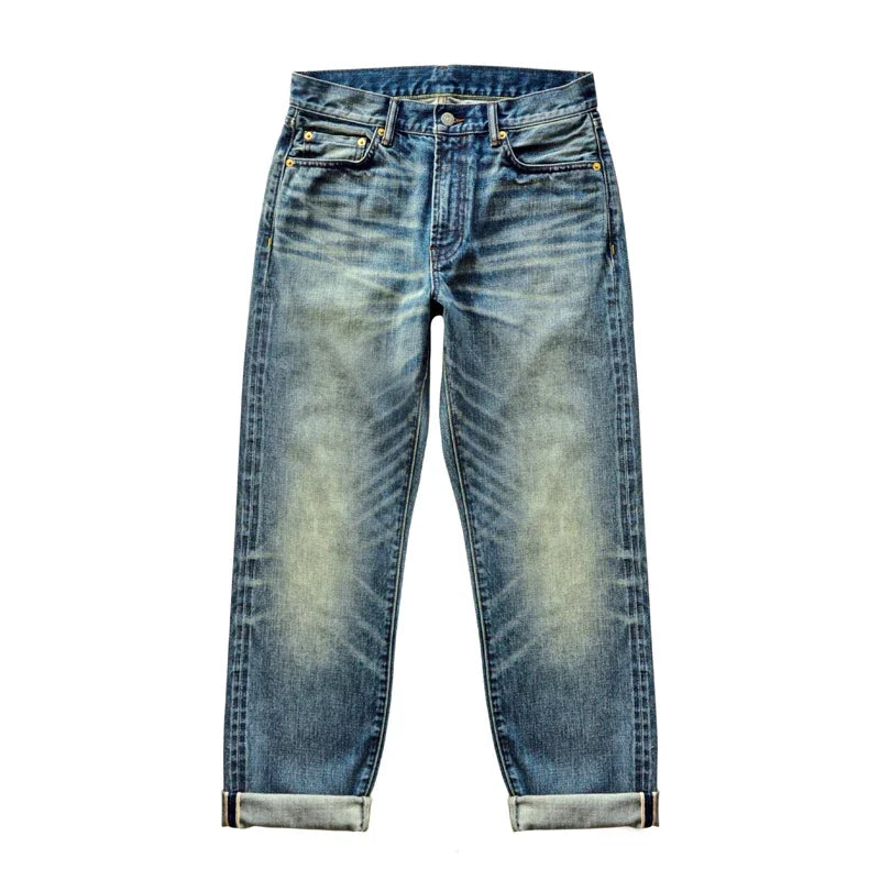 Saucezhan Mens Jeans Distressed  Moustache Effect Wash  Selvedge Denim Jeans  Motorcycle Regular Fit Straight Leg 14 Oz