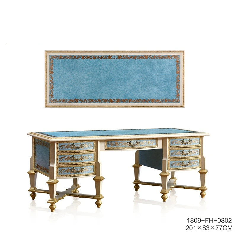 French European luxury all solid wood blue-and-white gold foil carving gold study books desks chairs bookcases