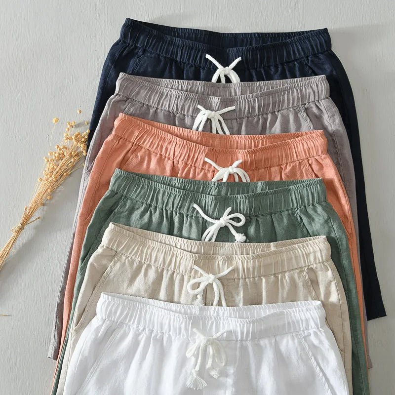 Summer New Simple 100% Linen Shorts for Men Clothing Solid Color Streetwear Men Pants B8103