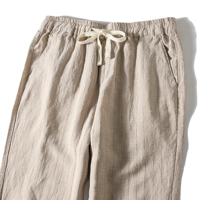 Cotton and Linen Comfortable Men's Fashion Trend Summer Pure Straight Stripe Thin Breathable Solid Color Loose Casual Pants