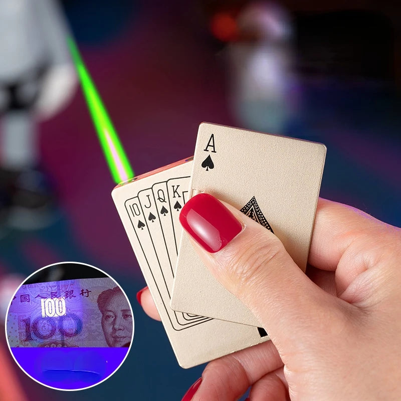 Dropshipping Link Metal Playing Card Jet Lighter Green Flame Poker Lighter Jet Torch Butane Metal Windproof Lighter Men's Gift
