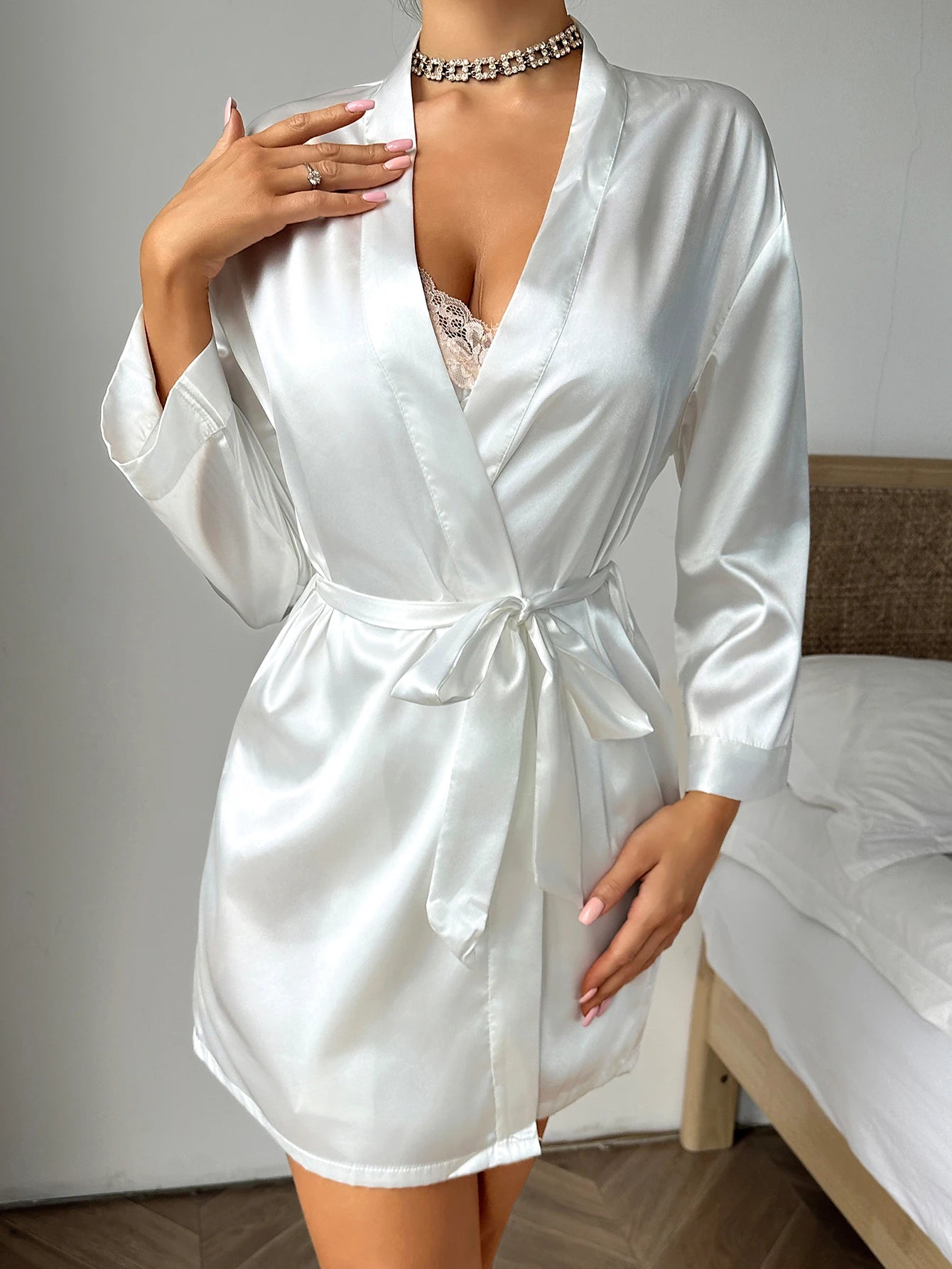 Summer Satin Ladies Nightgown Solid color lace-up Robe Sexy comfortable women's pajamas Loungewear