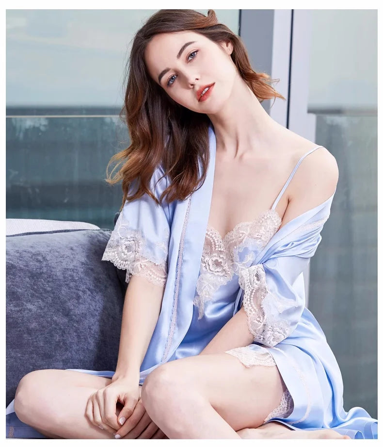 19 momme Pure Silk Lace Chemise Nightgown and Robe Set Ladies Two-Piece Luxury Satin Home Suit for Women Sexy Silk Pajamas Woman