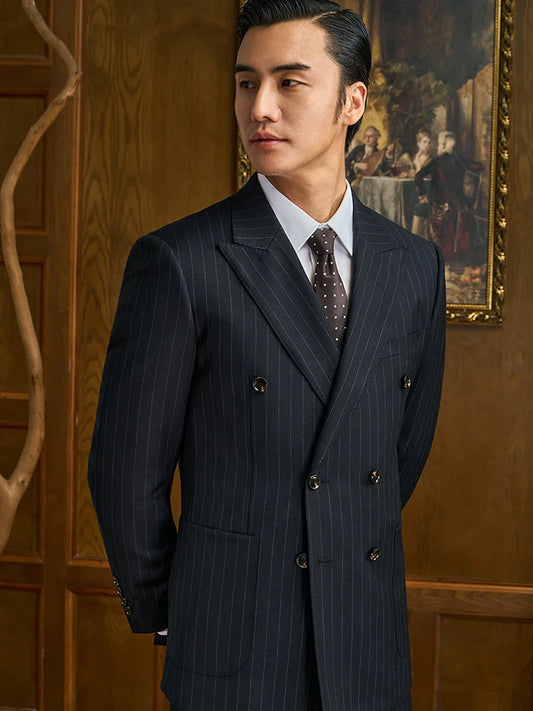 100% Wool Suits For Men Blazer Sets Jacket Vest Pant Double Breasted Striped 2022 Wedding Groom Wear Slim Fit Daily Clothing