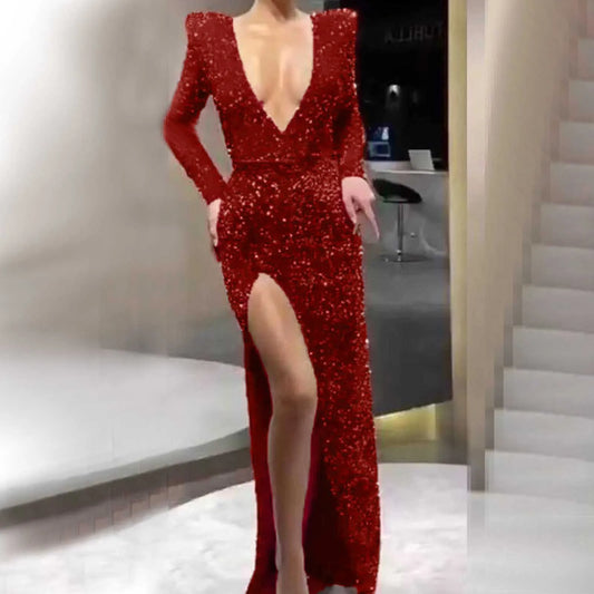 Women's Sexy Deep V Neck Prom Dresses Slim Fit Long Sleeved Sequined Slit Long Sleeve For Women Elegant Wedding Guest Dresses