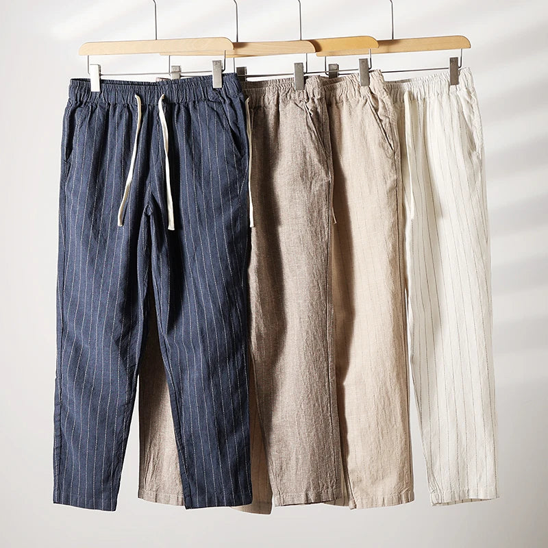 Cotton and Linen Comfortable Men's Fashion Trend Summer Pure Straight Stripe Thin Breathable Solid Color Loose Casual Pants