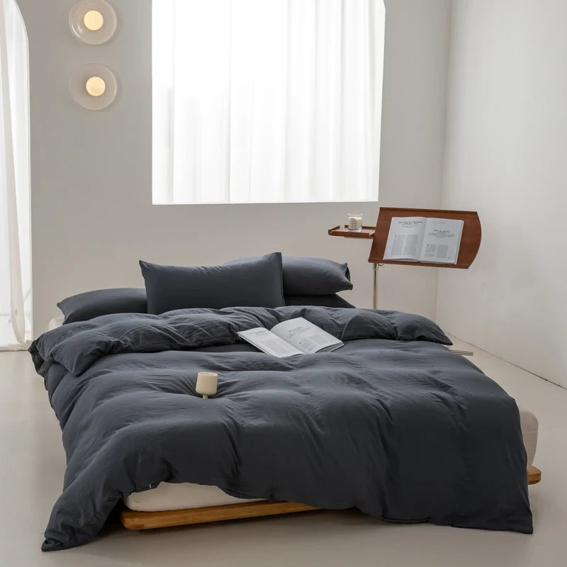 Japanese Washed Cotton Soft Bedding Set Duvet Cover with Pillowcases Bedclothes Comforter covers Sets Solid color Home Textile