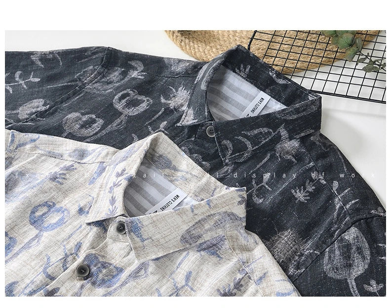 Summer New Printed 100% Linen Short Sleeve Shirts for Men Slim Thin Streetwear Men Clothing BL996