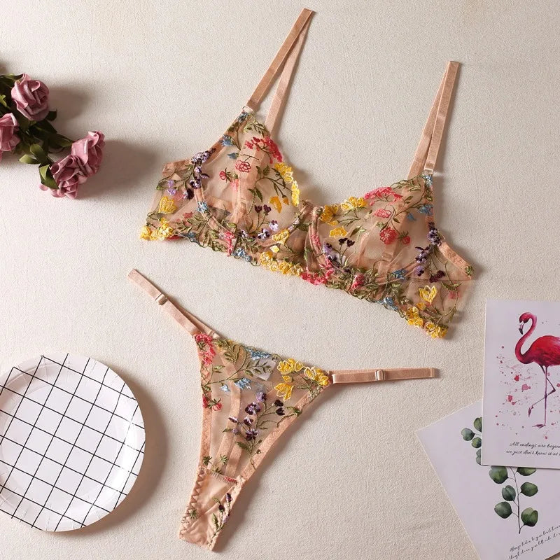 2 Piece Sexy Lingerie Set See Through Bra Floral Embroidery Women Sheer Boho Underwear Intimates Bra and Panty Transparent Bra