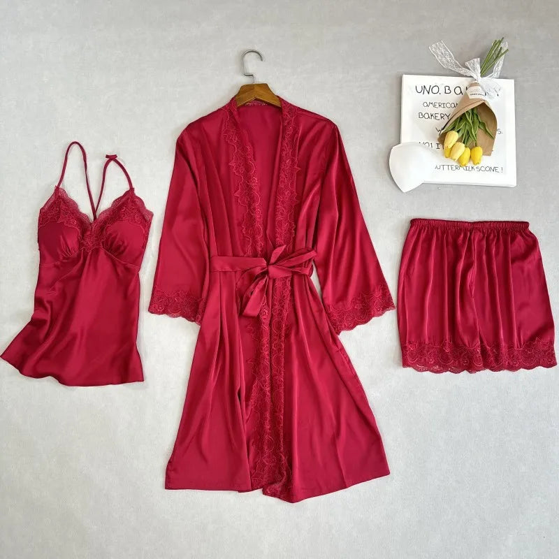 Wedding Bridesmaid Team Pajamas Set Lace Patchwork Home Clothes Ice Silk Pyjamas Suit Women Sleepwear Sexy Cami Top&pants