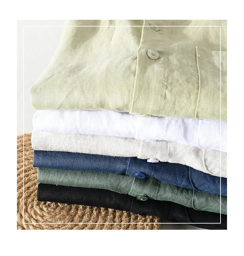 923 100% Linen Men's Summer Fashion Shirt High Quality Solid Color Simple Casual Short Sleeve Blouses Basic Thin Breathable Tops
