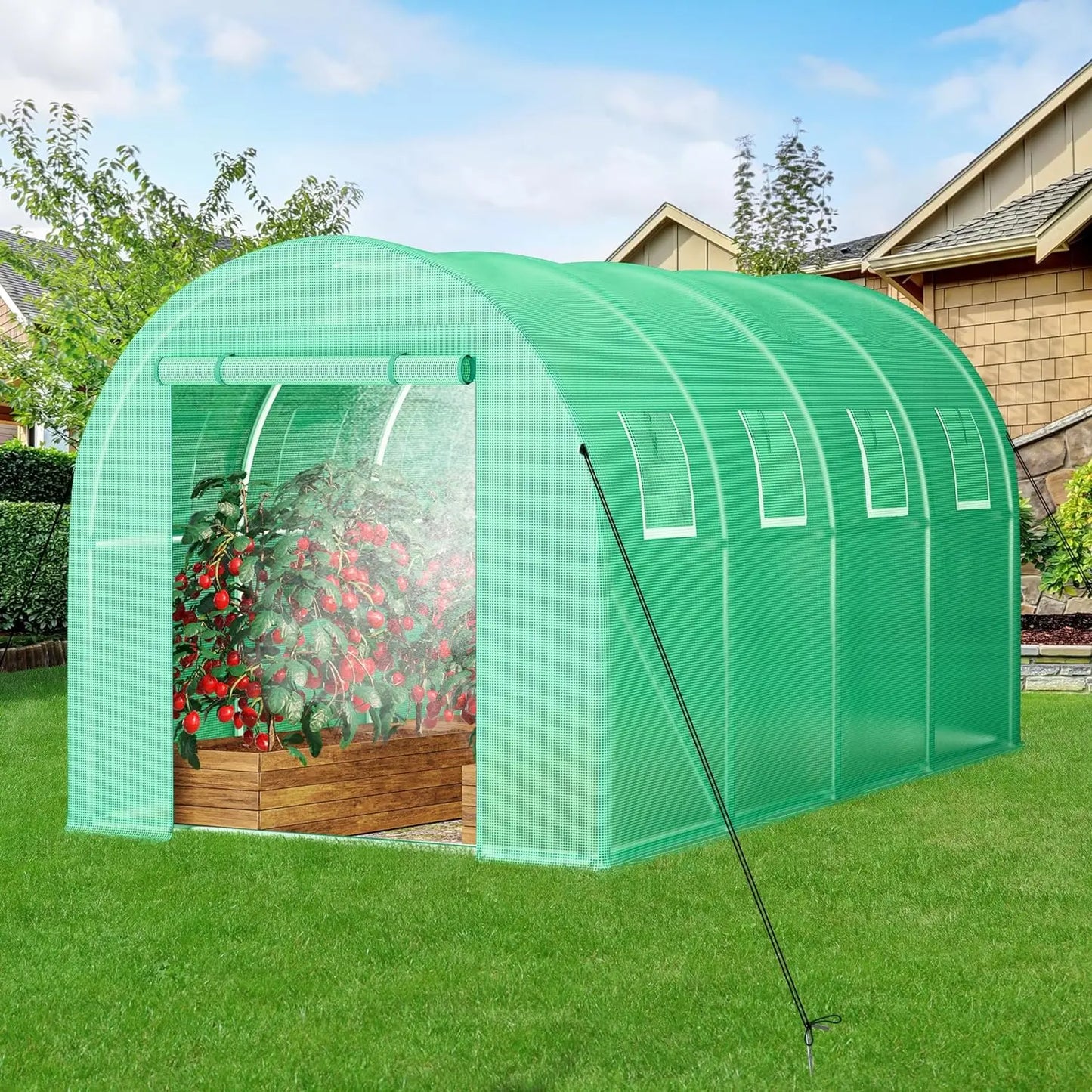 15x6.5x6.5ft Greenhouse w/ Watering System Heavy Duty Green House Large Tunnel Greenhouses Kit Walk in Outdoor Plant Gardening