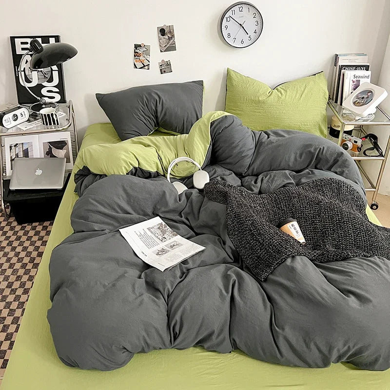 Solid Color Duvet Cover Set 100% Washed Cotton Bedding Set Super Soft Comfortable Lightweight Comforter Cover with 2 Pillowcases