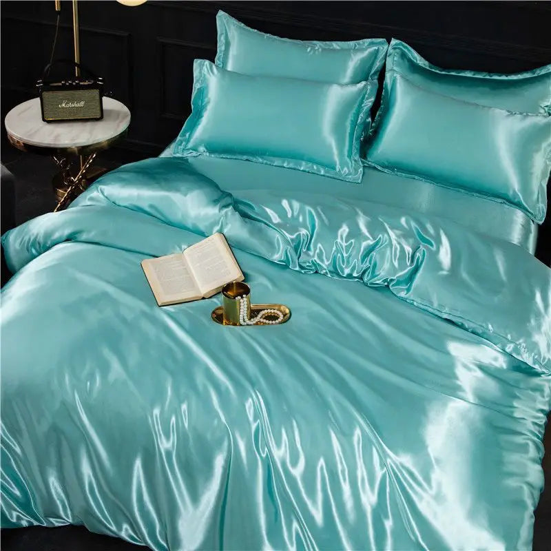 Nordic Silk Bedding Set with Duvet Cover Bed Sheet Pillowcase Luxury Couple Single Double Summer Home Textile Solid Bedsheet